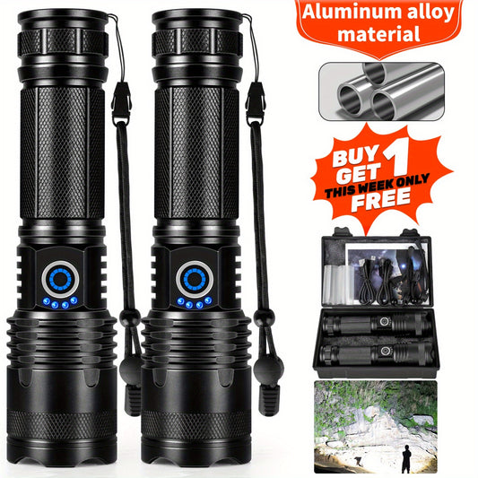 Bright Flashlights Buy 1 Get 1 Free Rechargeable LED Aluminum Flashlights High Lumens, 800-1200 Lumens Super Bright Flashlights with 5 Modes, Waterproof Powerful Flash Light Multifunctional Flashlights for Home Camping Hiking